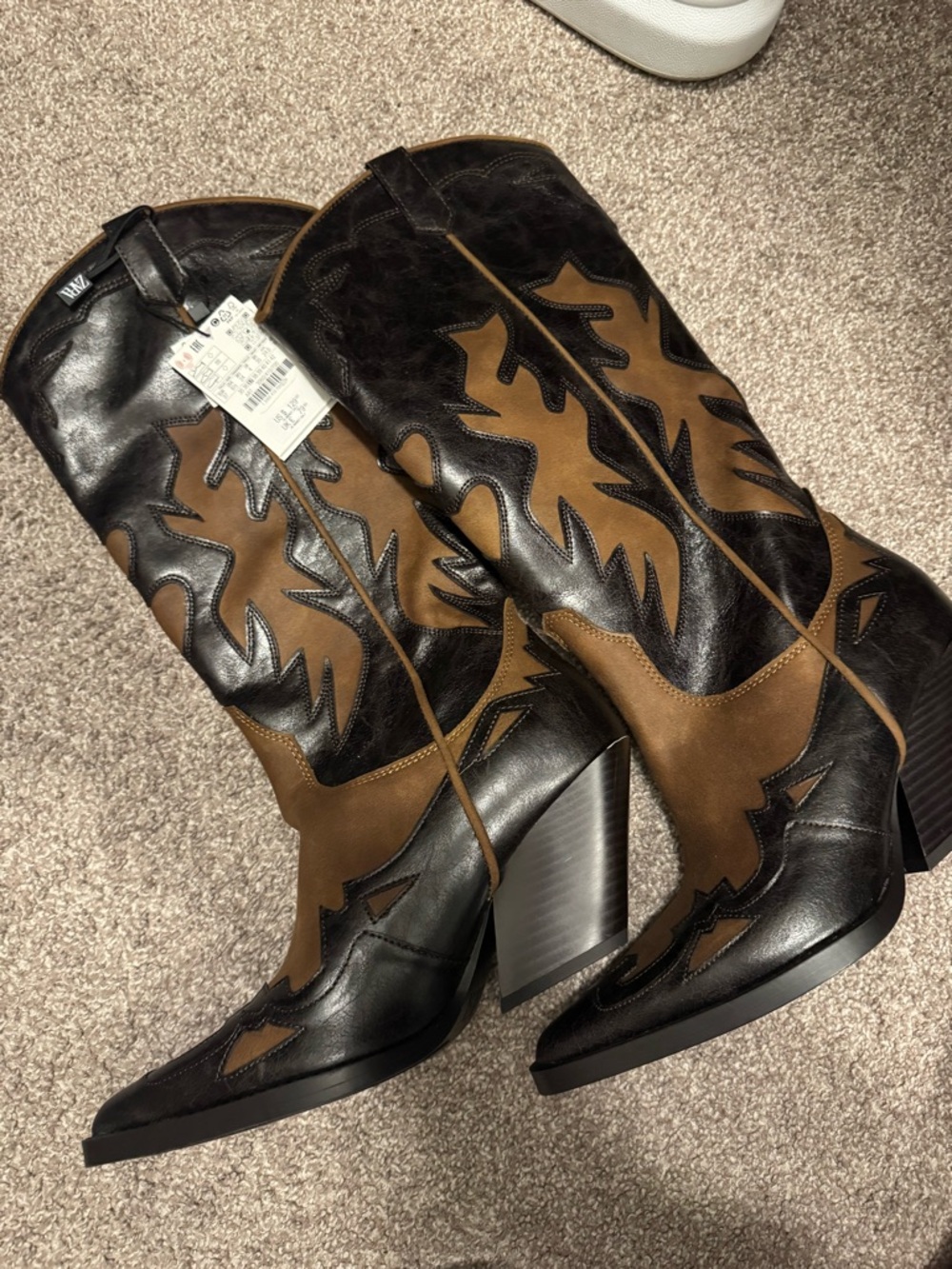 Zara Black & Brown Western Block Heel Boots
